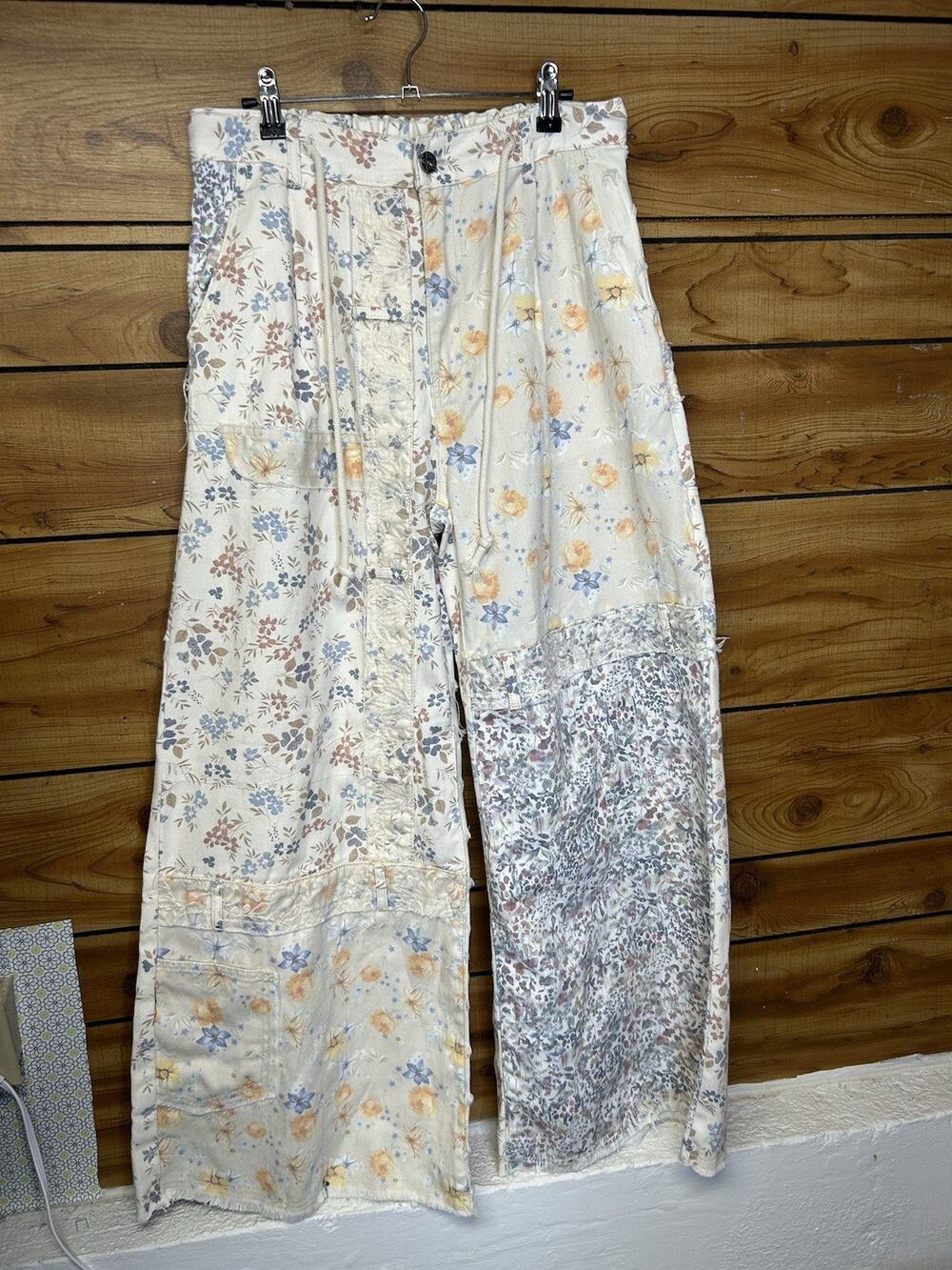 POL Patchwork Floral Distressed Wide Leg Pants Boho Whimsical Festival Sz S